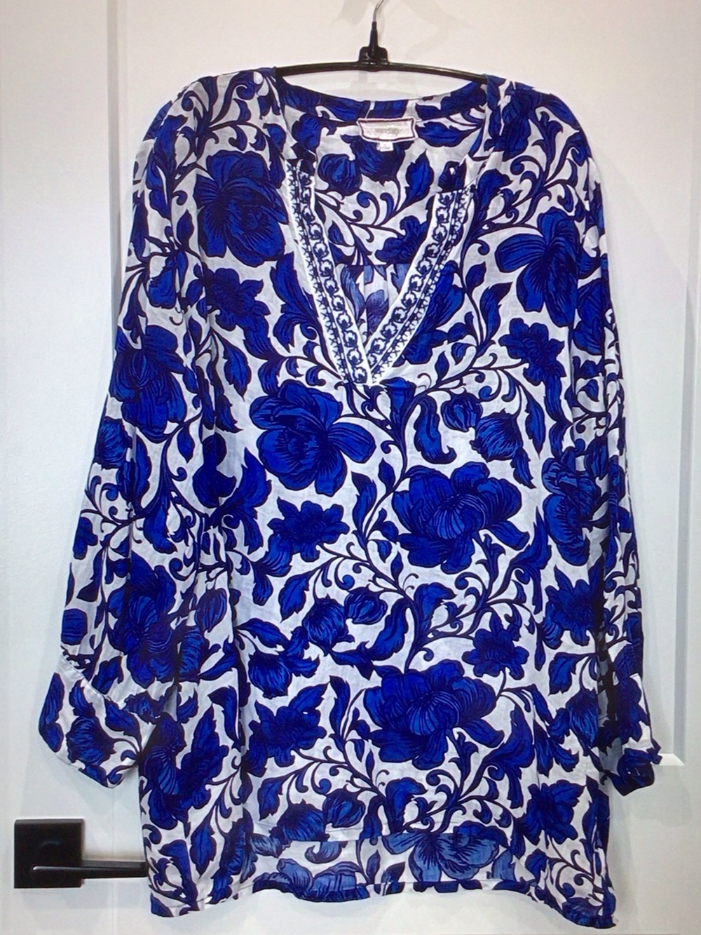 Johnny Was White Tunic with Bold Cobalt Floral Print
